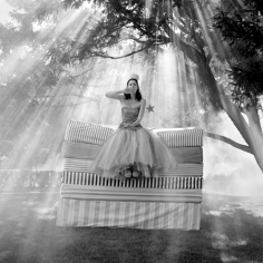 Zoe on Top of Mattress Stack, Snedens Landing, New York, 2007, Archive Number: TSL-0907-009-08, 16 x 20 Silver Gelatin Photograph