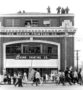 Rooftop troops guarding marchers passing in front of "The Brown Printing Company", Selma to Montgomery, Alabama Civil Rights March, March 24-26, 1965