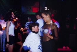 Adam, 13, and a go-go dancer hired to entertain at a bar mitzvah party at the Whisky a Go Go nightclub in West Hollywood, 1992.&nbsp;