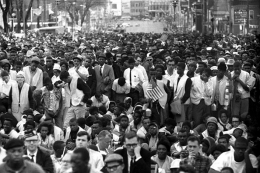 Crowd listening raptly to speech of Dr. Martin Luther King at the foot of State Capital. Selma to Montgomery, Alabama Civil Rights March 25, 1965