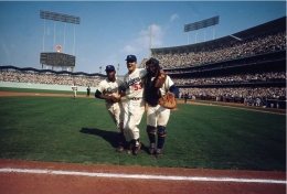 Don Drysdale, Jim Gilliam, and Johnny Roseboro, LA Dodgers, Game 3 of World Series, 1963, Color Photograph