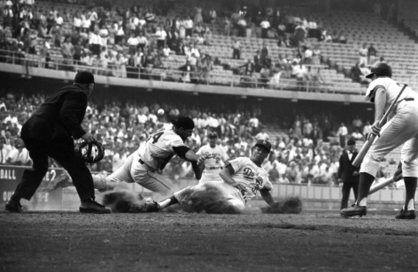 Maury Wills Sliding into Hom, Leo Durcoher (Background), LA Dodgers vs San Francisco Giants, NL Penant Tie-Breaker, Dodger Stadium, 1962, 16 X 20 inches, Ed. of 150