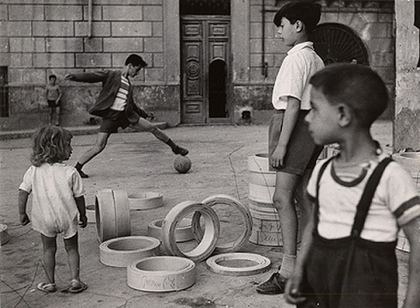 Playing Soccer in the Streets, Naples, 1959, 8-7/10 x 11-1/2 Vintage Silver Gelatin Photograph