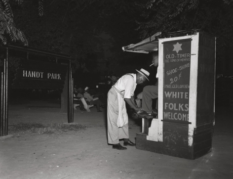 A shoeshine stand in Handy Park, named for composer W. C. Handy, ca. 1960&#039;s, Archival Pigment Print