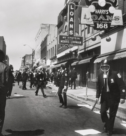Police converging on marchers with clubs, rifles, and tear gas to stop the looting on Beale and Main Streets, 1968, Archival Pigment Print