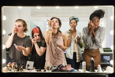 High school seniors (from left) Lili, 17, Nicole, 18, Lauren, 18, Luna, 18, and Sam, 17, put on their makeup in front of a two-way mirror for the author&rsquo;s Beauty CULTure documentary, Los Angeles, 2011&nbsp;&nbsp;&nbsp;&nbsp;