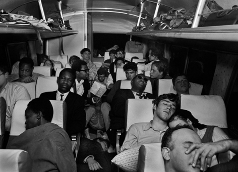 On the Road to Montgomery: City College of New York (CCNY) students sleeping overnight on bus to meet up with the Selma to Montgomery civil rights march, on March 24, 1965