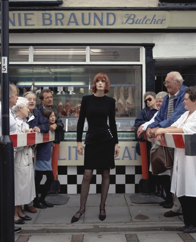 Model in Front of Butcher Shop, England, 1995, Archival Pigment Print