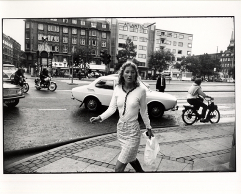 Woman Walking with White Bag, Atlantic Building Behind, 11 x 14 Silver Gelatin Photograph
