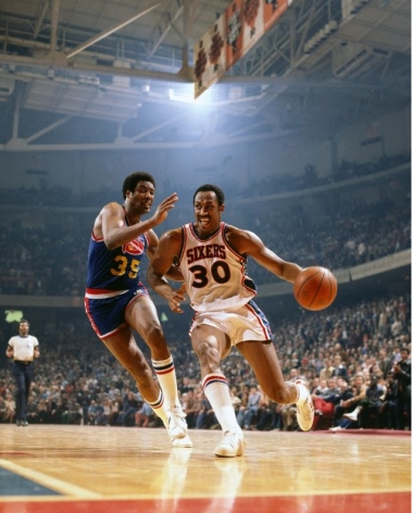 George McGinnis &amp;amp; Paul Silas, Philadelphia 76ers vs Denver Nuggets, The Spectrum, Philadelphia, 1977, Color Photograph